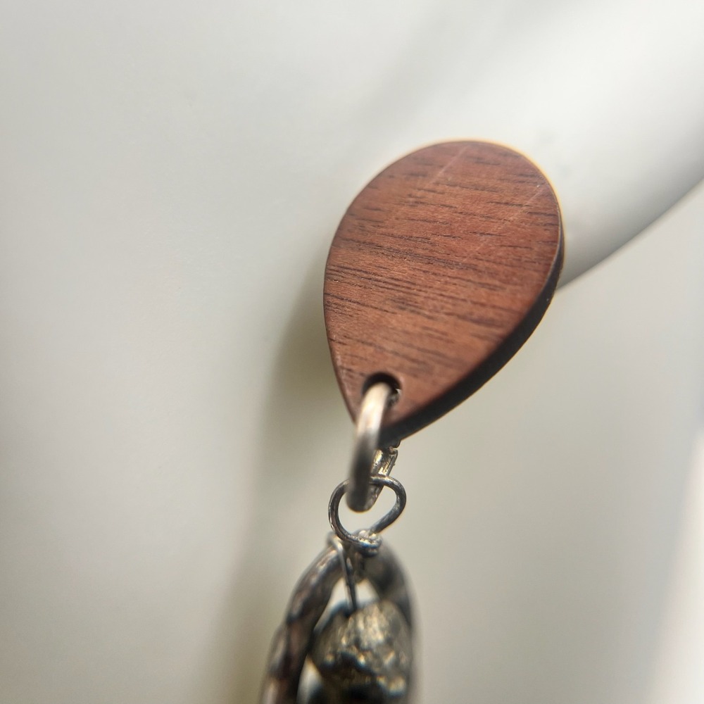 Vintage Pyrite Raw Nugget Dangle Earrings Jewelry Wood Silver Tone Stud Post - Picture 7 of 13